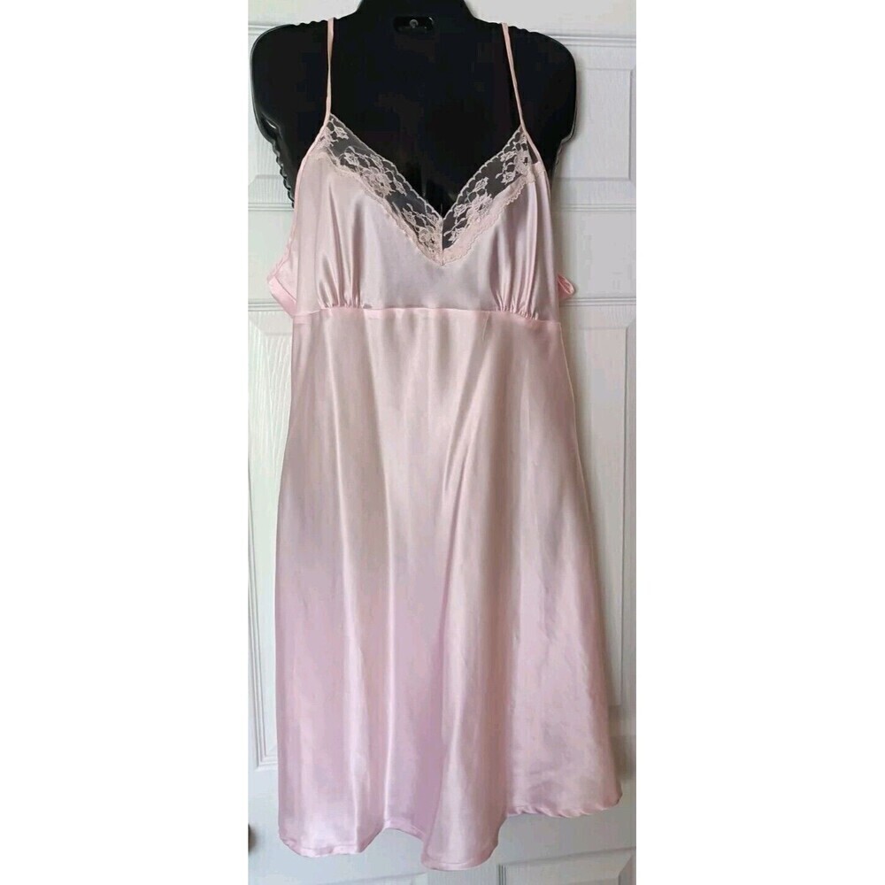 Shiny Pink Babydoll Slip Dress Sz XL Satin Lace Trim Lingerie Coquette Barbie